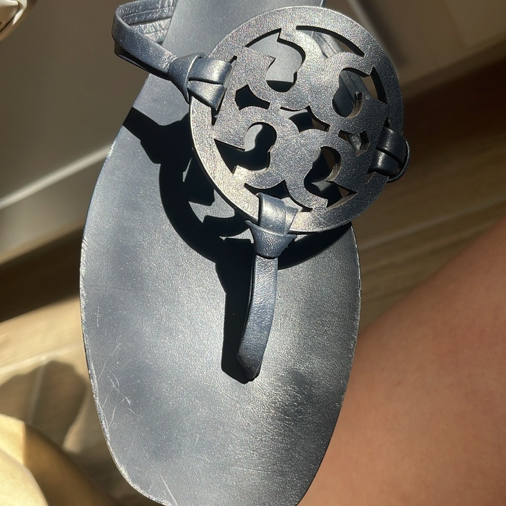 Auth Tory burch Miller Square Toe leather sandals Navy sz 8M - Picture 5 of 7